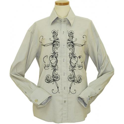 Manzini Silver Grey With Black Emroidered Design High Collar Long Sleeves Corduroy Shirt With French Cuffs MZ-83